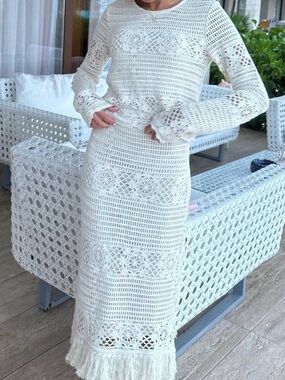 Aqua White Crochet Maxi Skirt and Shirt Set with Fringe Hem